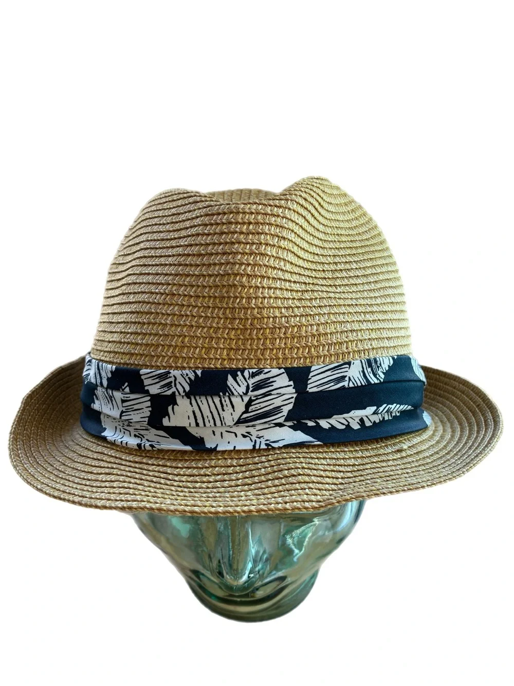 American Eagle Woven Straw Fedora Trilby Hat Navy Leaf Band L/XL Vacation Tropic